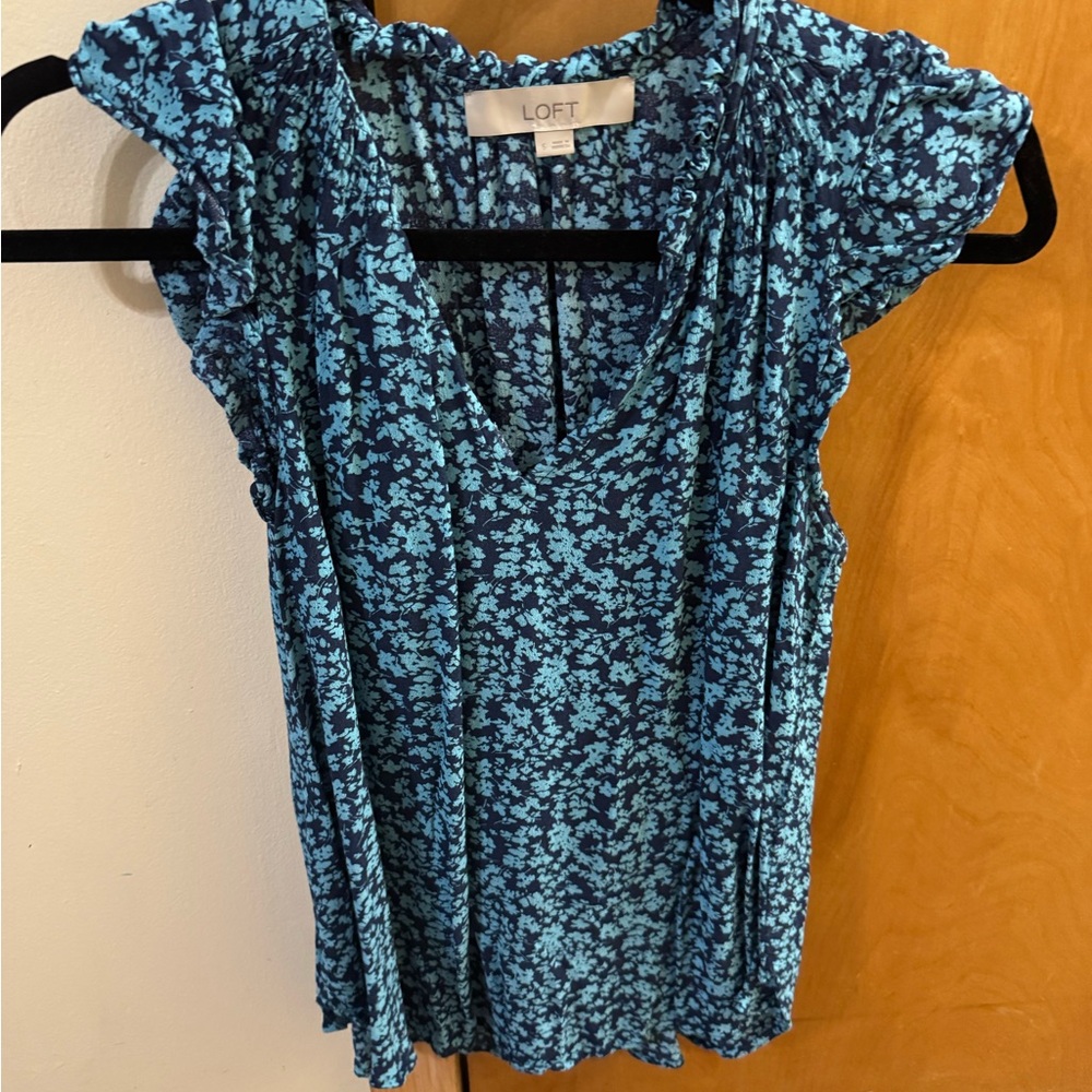 LOFT Teal and Black Floral Blouse